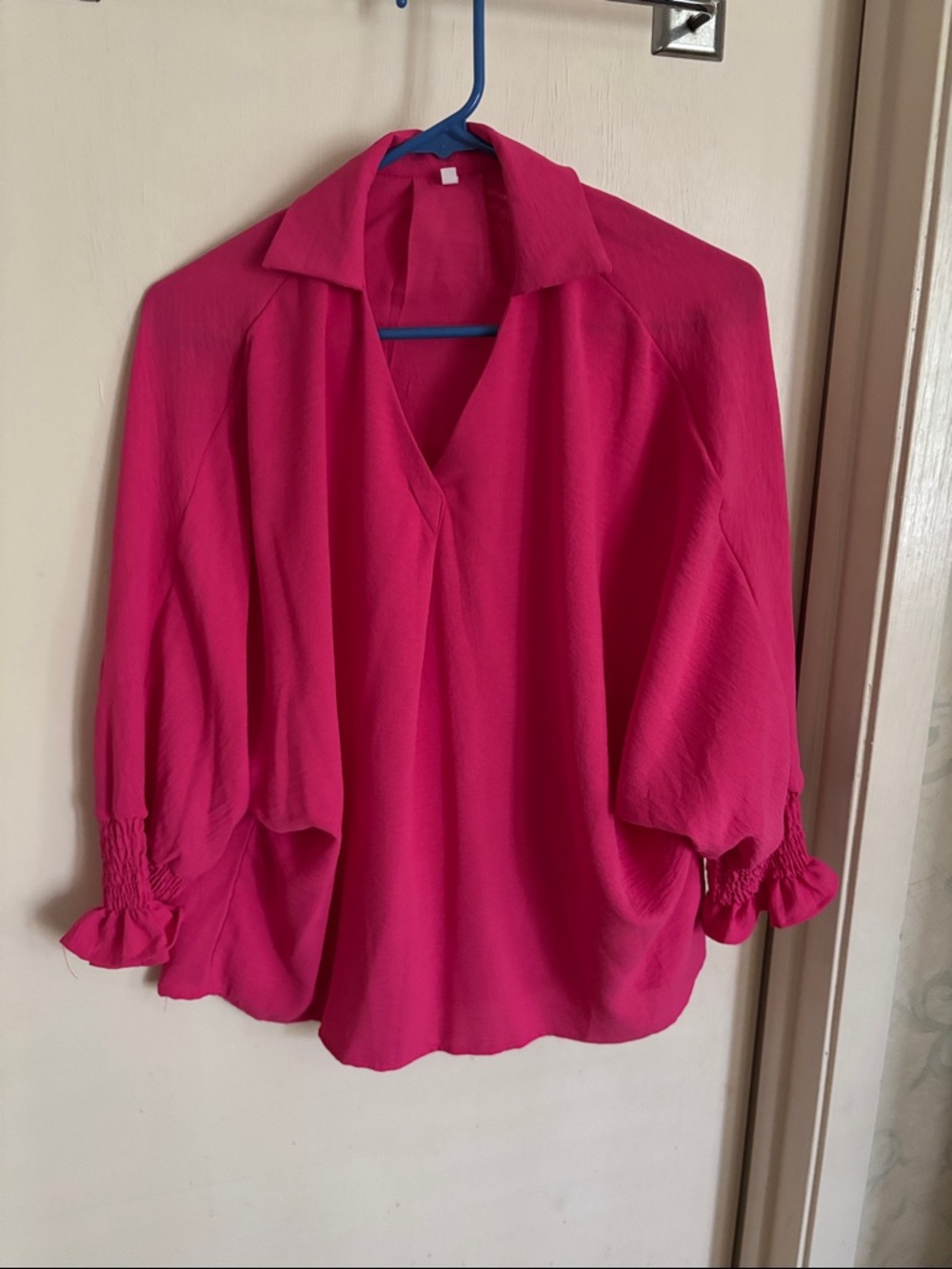 Amazon Women's Fuchsia V-Neck Blouse with Smocked Cuffs
